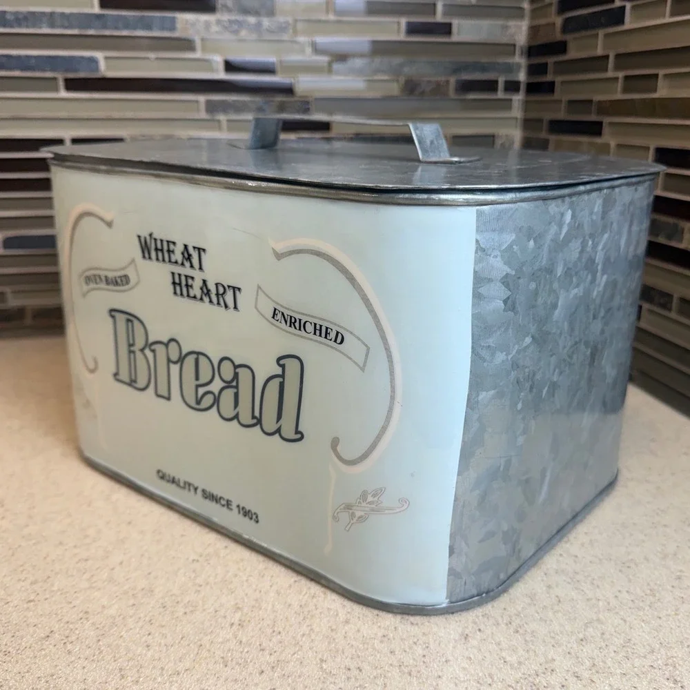 Vintage Galvanized Metal Bread Box Wheat Heart Bread Farmhouse Rustic Decor